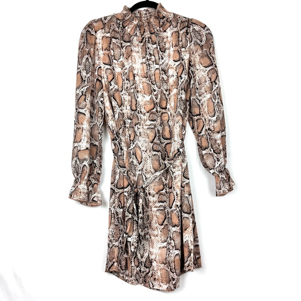 Snake-Print Long Sleeve Tie-Waist Dress in Brown and Cream Small